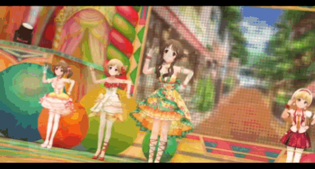 a group of anime girls are standing on a stage in front of a colorful background