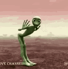 a cartoon alien is dancing in a field with his hands outstretched .