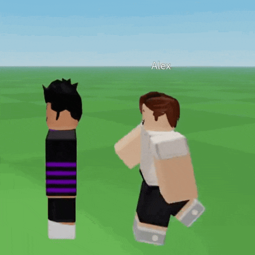 a video game character named alex is standing next to another person