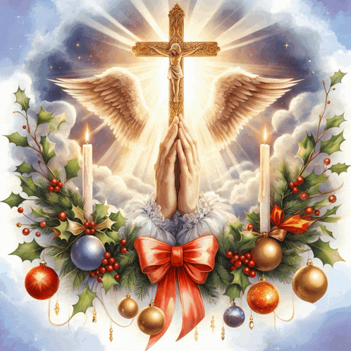 a painting of an angel holding a cross