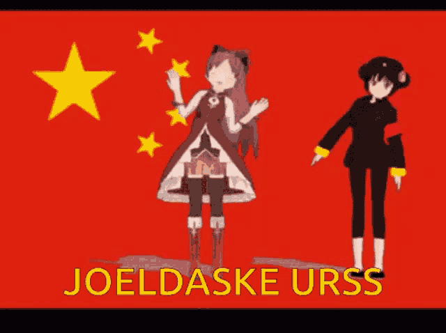 two anime characters are standing in front of a red background with the words joeldaske urss