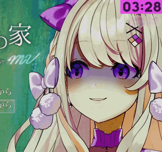 a girl with blonde hair and purple eyes has a purple bow in her hair and the time of 03:28