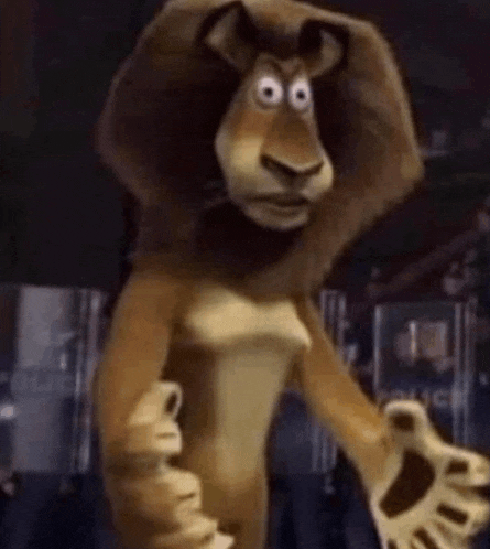 a cartoon lion from madagascar is standing in front of a police station holding a gun .