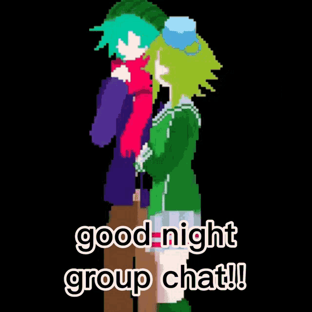 a pixel art of a person laying down with the words " good night group chat "