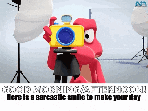 a cartoon character is taking a picture with a camera in a studio .