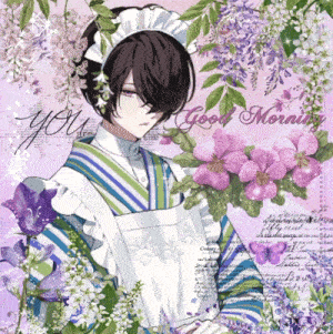 a maid with purple flowers and the words good morning