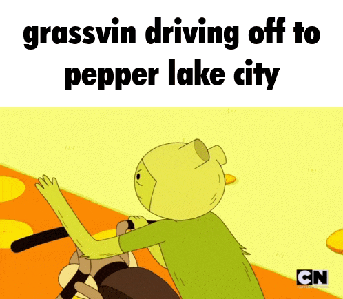 a cartoon of grassvin driving off to pepper lake city with cn on the bottom