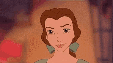 a cartoon of belle from beauty and the beast looking at the camera with a serious look on her face .