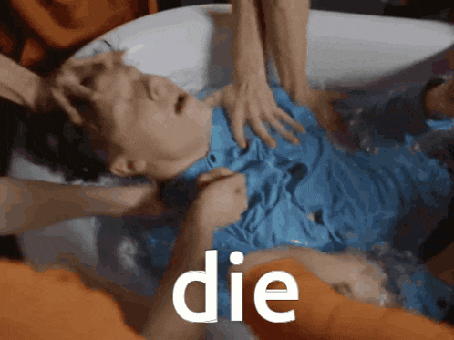 a person laying in a bathtub with the word die written on the bottom