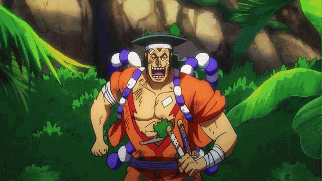 a cartoon drawing of a man holding a sword and wearing a hat