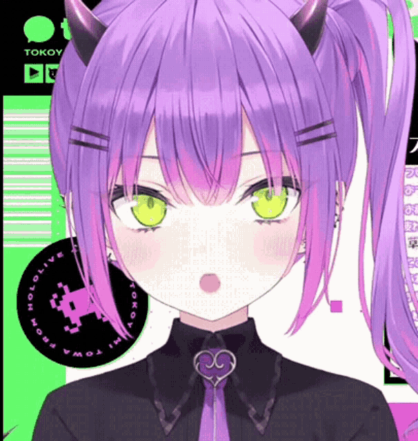 a close up of a girl with purple hair and horns