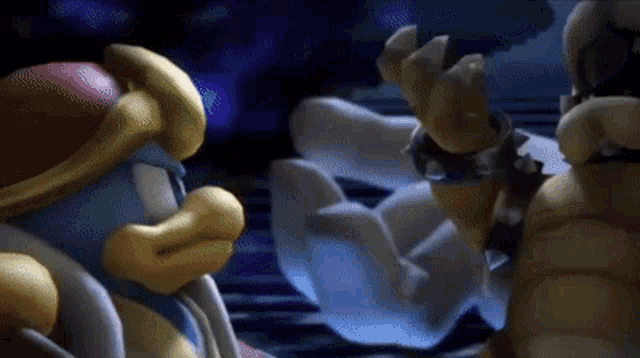 a cartoon character is standing next to a cartoon character in a video game .
