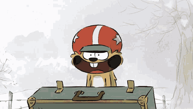 a cartoon drawing of a squirrel wearing a helmet standing next to a suitcase