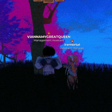 a screenshot of a video game shows a girl named iremortal standing next to a boy named viannamygreatqueen