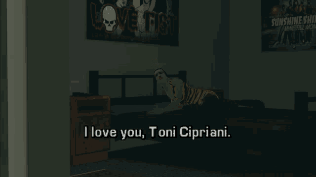 a woman laying on a bed with the words " i love you toni cipriani " below her