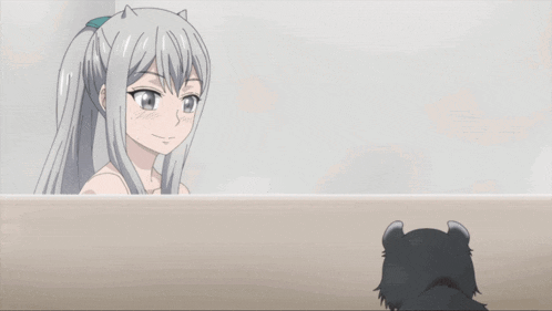 a girl in a bathtub looking at a black cat with horns