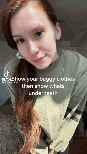 a tiktok showing a woman wearing a green shirt