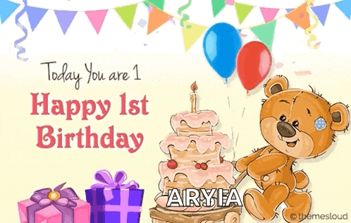 a birthday card with a teddy bear holding balloons next to a cake