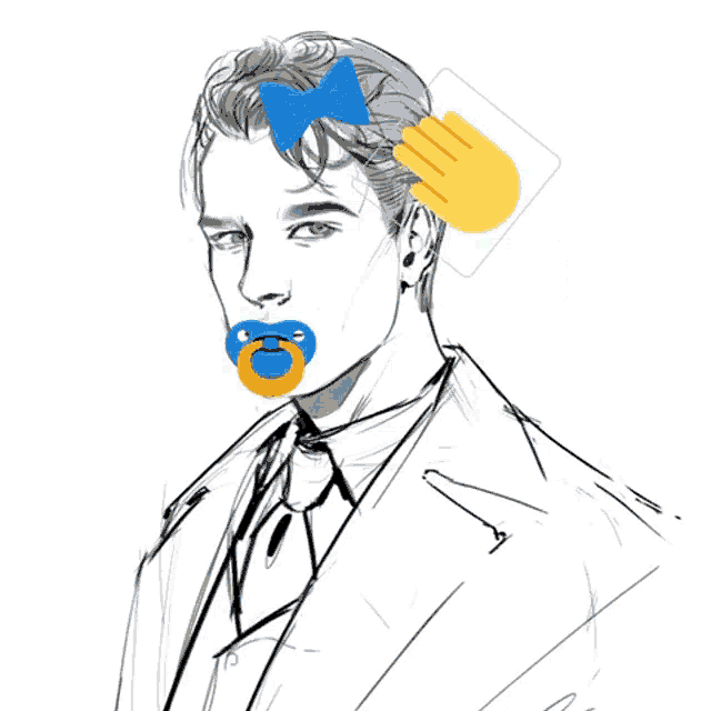 a black and white drawing of a man with a pacifier and a baby bottle