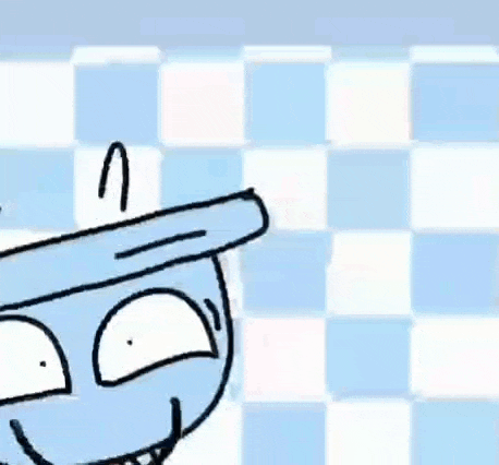 a cartoon character is smiling in front of a blue and white checkered background .