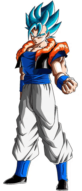 a cartoon character with blue hair and white pants is standing in front of a white background