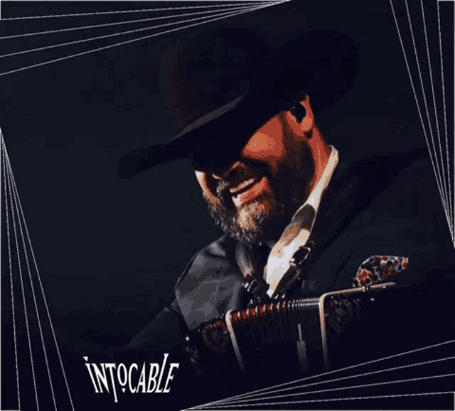 a man in a cowboy hat is playing an accordion and the words intocable are behind him