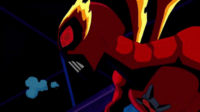 a cartoon drawing of a monster with red eyes and yellow flames