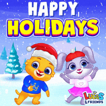 a lucas & friends christmas greeting card with a cat and a rabbit