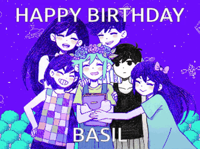 a group of anime characters posing for a picture with the words happy birthday basil