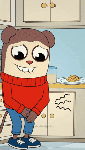 a cartoon opossum wearing a red sweater is standing in a kitchen