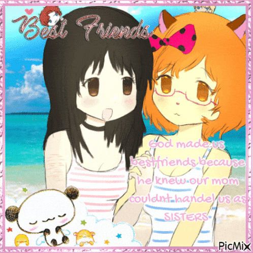 two anime girls are standing next to each other with the words " best friends " written above them
