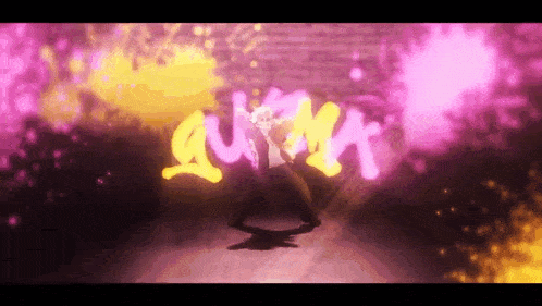 a cartoon character is dancing in front of a purple and yellow background that says ' autumn ' on it
