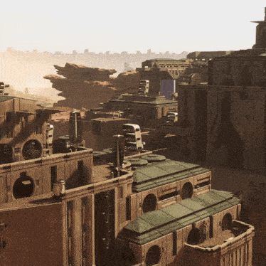 an aerial view of a futuristic city with a few buildings that have the letters aa on them