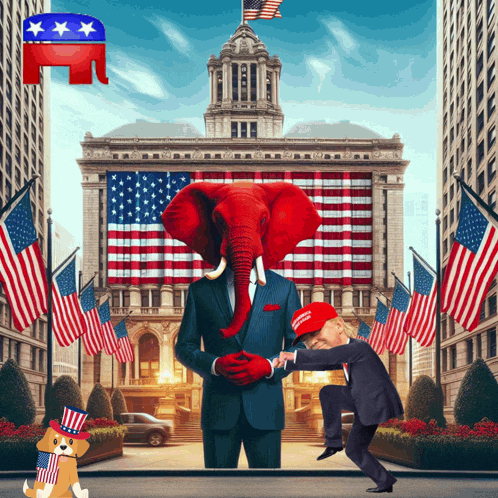 a man with an elephant head shakes hands with trump