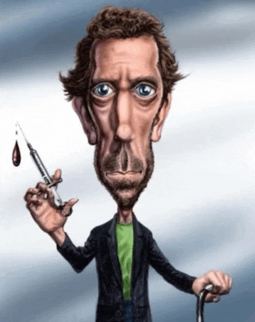 a caricature of a man holding a syringe with a drop of blood on it