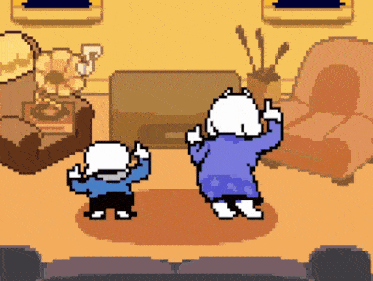 a pixel art of two cartoon characters dancing in a living room .
