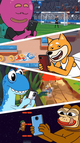 a collage of cartoon characters using their phones including a dinosaur and a dog