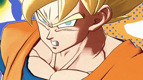 a close up of a cartoon character with a yellow hair and blue eyes