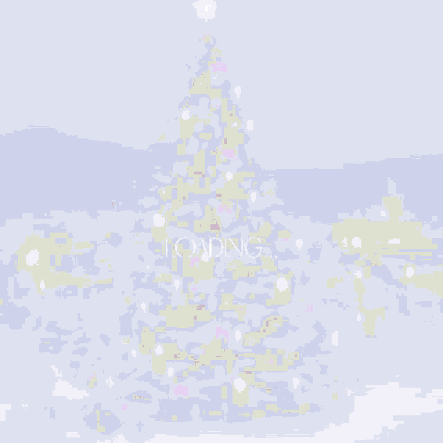 a painting of a christmas tree with a snowman in the background
