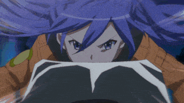 a blue haired anime character with a t on her chest