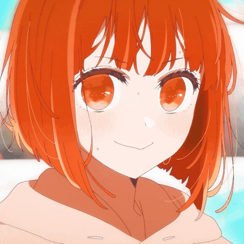 a close up of a girl with orange hair and red eyes