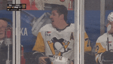 a hockey player wearing a pittsburgh penguins jersey stands in the stands
