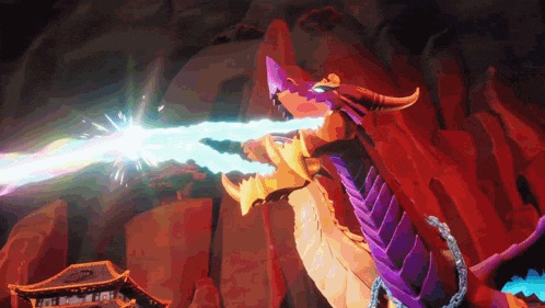 a purple and orange dragon is shooting a blue light