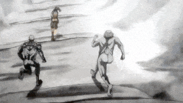 a black and white drawing of three naked men running .
