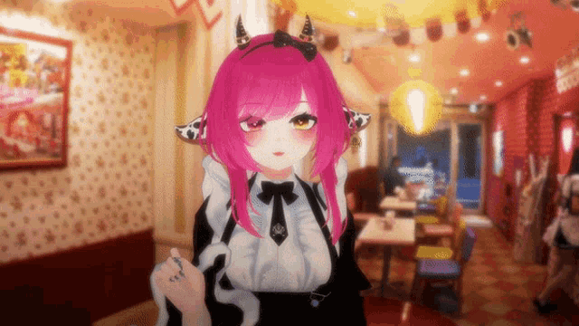 a girl with pink hair and cow ears is standing in a restaurant
