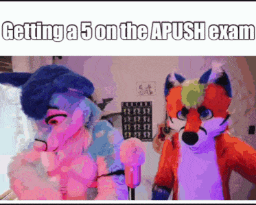 a cartoon of two furry characters getting a 5 on the apush exam