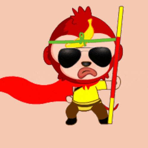 a cartoon of a monkey with sunglasses and a banana on his head holding a pole