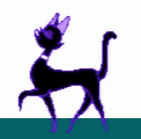 a pixel art drawing of a black cat with purple ears standing on a green lawn .