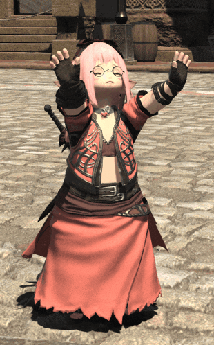 a girl with pink hair and glasses is wearing a red and black outfit