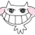 a black and white drawing of a cat with a big smile and pink cheeks .